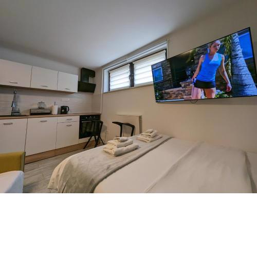 Cozy Studio w Floor Heating, Queen Bed, 55 TV'', Washer & Dryer